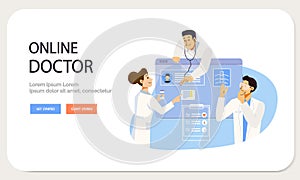 Online doctor Landing page template. Medical consultation service by Internet. Medicine and Healthcare Concept in flat