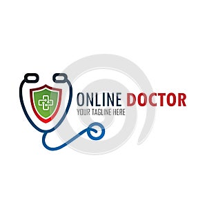 Online Doctor logo with health protect concept