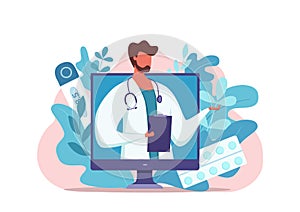 Online doctor medical consultation vector illustration.
