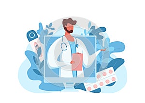 Online doctor medical consultation vector illustration.