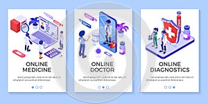 Online Doctor and Medical Diagnostics Isometric Banners