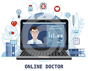 Online doctor men healthcare concept icon set. Doctor videocalling on a laptop. Online medical services, medical