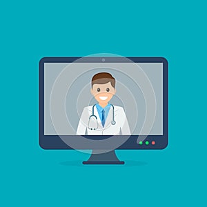 Online doctor. Online medical consultation and support. Vector illustration in flat style