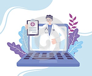 Online doctor, physician in laptop is showing medical report recommendations, advice or consultation service