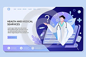 Online doctor services web landing page template. Modern vector illustration concepts for website and mobile website