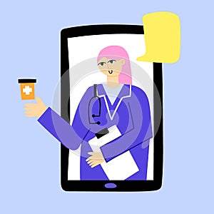 Online doctor. Smartphone with female pharmacist on screen, medical consultation, internet hospital support, healthcare web