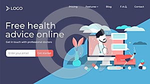 Online doctor tiny persons vector illustration landing page template design