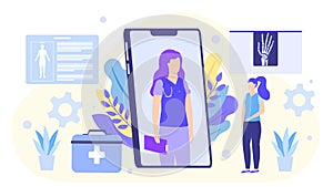 Online doctor vector illustration, doctor consults patient on smartphone.