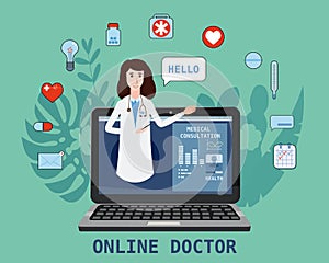 Online doctor women healthcare concept icon set. Doctor videocalling on a laptop. Online medical services, medical