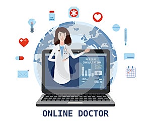 Online doctor women healthcare concept icon set. Doctor videocalling on a laptop. Online medical services, medical