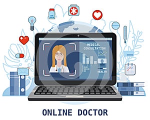 Online doctor women healthcare concept icon set. Doctor videocalling on a laptop. Online medical services, medical