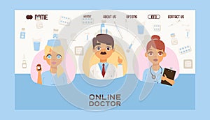 Online doctors team and other hospital workers banner website design vector illustration. Medicine professionals and