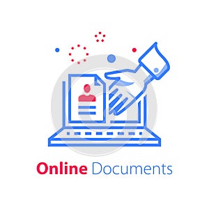 Online document on monitor, file exchange, hand taking contract, application form