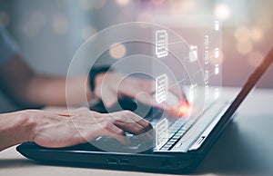 Online documentation database and document management system concept, Businessman using tablet or computer