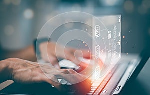 Online documentation database and document management system concept, Businessman using tablet or computer,Document Management Sys
