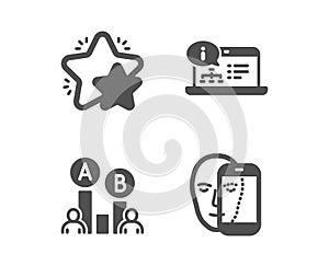 Online documentation, Star and Ab testing icons. Face biometrics sign. Vector