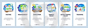 Online driving test, computer simulator, road rules book, driving license. Mobile app onboarding screens. Menu vector