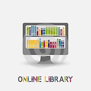 Online e-book library design symbol. laptop monitor with books on the shelves