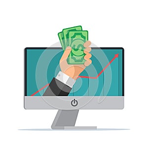 Online earning. Hand with computer holds money. Business cartoon