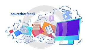 Online education for all e-learning concept knowledge database horizontal banner sketch doodle