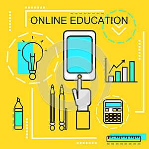 Online Education banner concept. E-learning. Thin Line icons. Vector Illustration.For web banners and promotional materials.