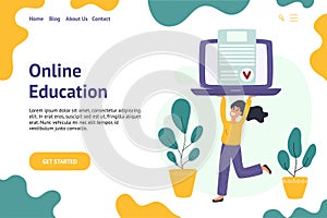 Online education banner with a girl holding laptop