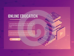 Online education banner, isometric vector electronic courses and tutorials, digital books