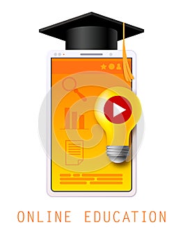 Online education. Bulb idea, graduation cap, smartphone, tablet. E-learning. Online education concept vector illustration.