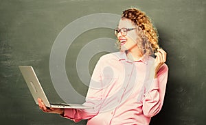 Online education. business school. modern technology. girl in modern school. teacher woman at blackboard. e-learning