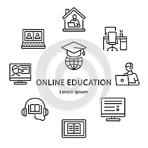 Online education circle banner with flat line icons. Study and job from home.