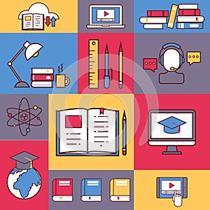 Online education collage, vector illustration. Colorful stickers, flat line icons of educational process, university