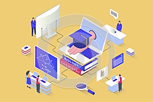 Online education concept in 3d isometric design. Students study, gain knowledge and skills, watch video lectures, graduate
