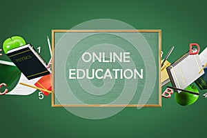 Online education concept with blackboard and books