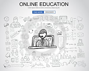 Online Education concept with Business Doodle design style: online formation, webinars