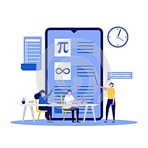 Online education concept with characters. Student studying near big smartphone. Modern vector illustration in flat style for