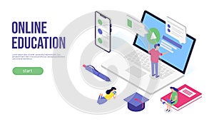 Online education concept. 3d isometric flat banner design. For web, infographic or print. Vector illustration