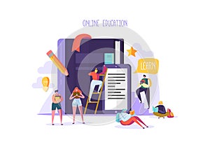 Online Education Concept. E-Learning with Flat People Reading Books. Graduation University College Characters. Teaching