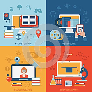 Online education concept flat icons set e-learning knowledge