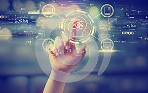 Online education concept with a hand pressing a button