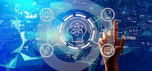 Online education concept with hand pressing a button