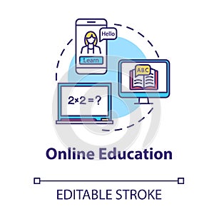 Online education concept icon. E learning with laptop. Internet workshops and masterclasses. Remote learning idea thin