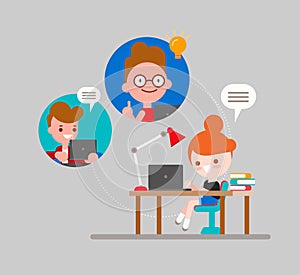 Online education concept illustration. Student studying at home via internet. Kids with laptop chatting with their friends. Online