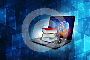 Online education concept - laptop computer with colorful books. 3d rendering