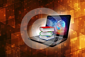 Online education concept - laptop computer with colorful books. 3d rendering