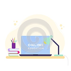 Online education concept. Laptop, lamp, books and supplies office on desk. Back to school. Vector illustration, flat design