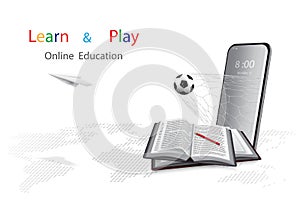 Online education with a concept of learning and play offers mobile phone, books, pencils, soccer ball and paper plane