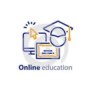 Online education concept line icons, internet learning courses, distant studying