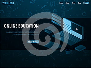 Online education concept. Online training courses, specialization, university studies. Isometric vector illustration.