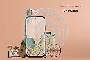 Online education concept for open semester with sloth squirrel macaw smartphone bike and face mask for protection against virus