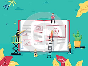 Online education concept with small people studying near big e-book and online course. Vector illustration in flat style.